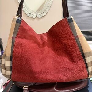 Burberry Red Leather Shoulder Bag with Signature Check Sides